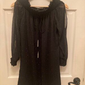 Zara Peasant Off Shoulder Swiss Dot Black Chiffon Cocktail Dress SZ XS ZARA Peas